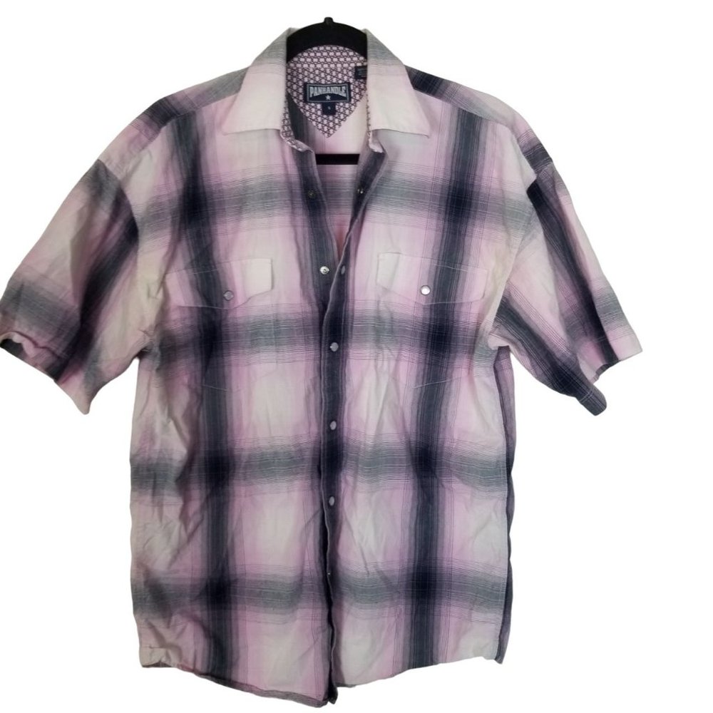 Panhandle Mens S Purple/Gray Plaid Short Sleeves Snap Front Western Shirt Pocket